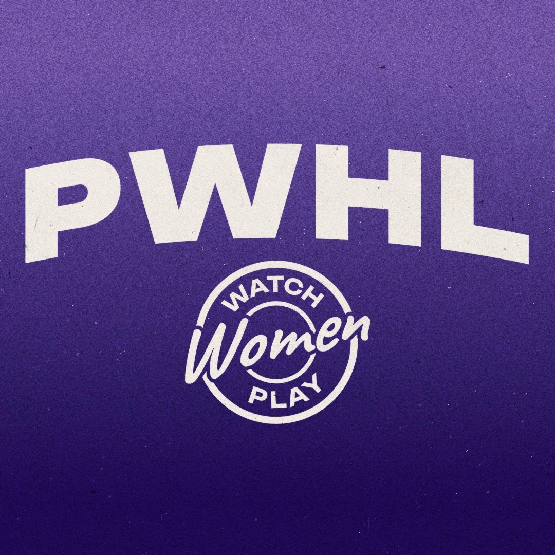 Purple background with white text reading "PWHL" and a circular logo below that says "Watch Women Play."