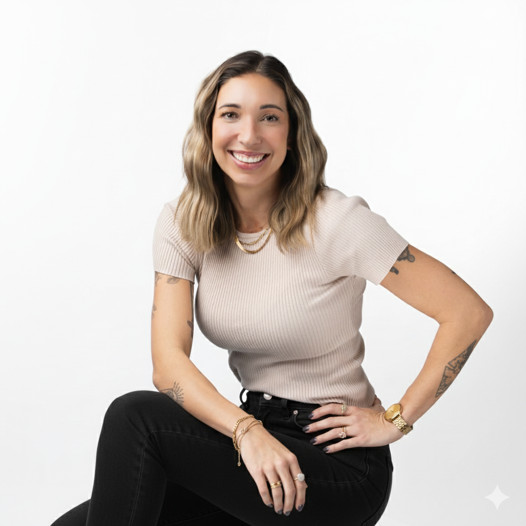 A smiling woman with wavy brown hair wearing a beige ribbed short-sleeve top, black pants, and gold jewelry, sitting against a plain white background.