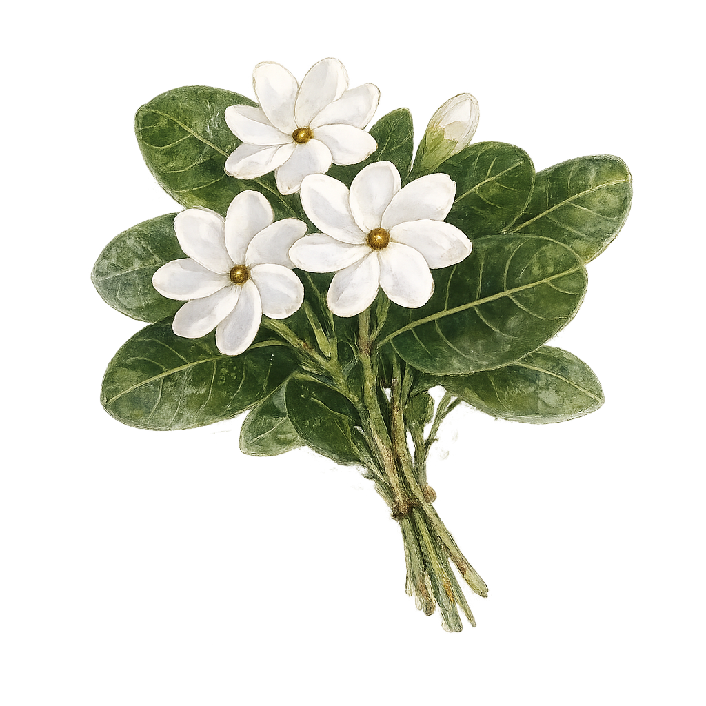 Un bouquet de petites fleurs blanches avec des pétales ovales, au centre doré, entouré de grandes feuilles vert foncé.