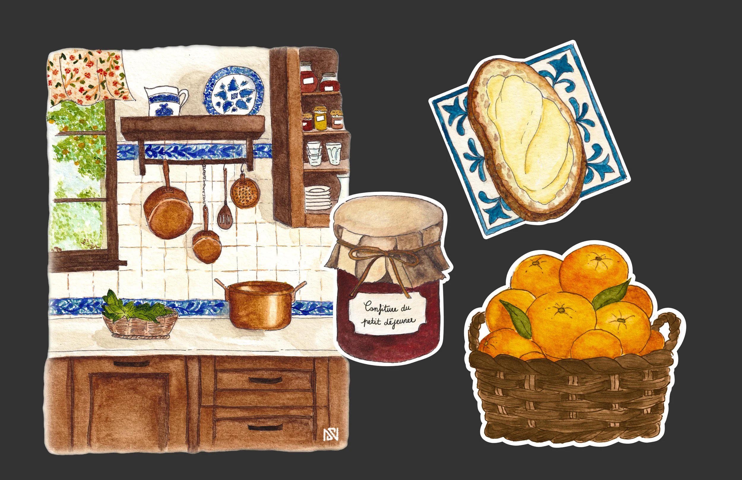 Illustration de recettes et ingrédients de cuisine. Inclut une jarre de confiture, une assiette de tartine, un panier de mandarines, et un décor de cuisine rustique avec étagères, pots, et ustensiles.}