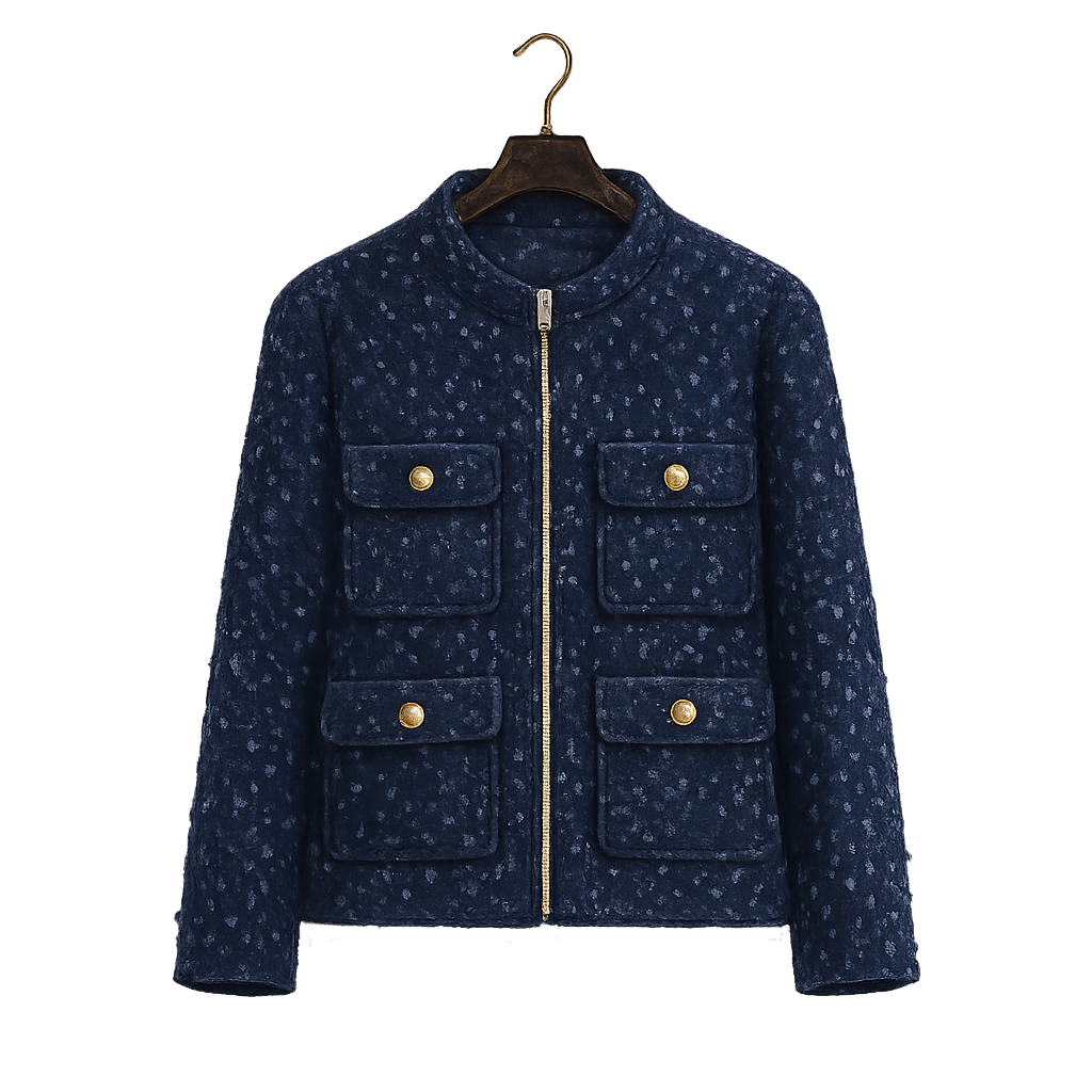 Veste en tweed bleu foncé, poches à rabat avec boutons dorés, fermeture éclair au centre, sur portemanteau.