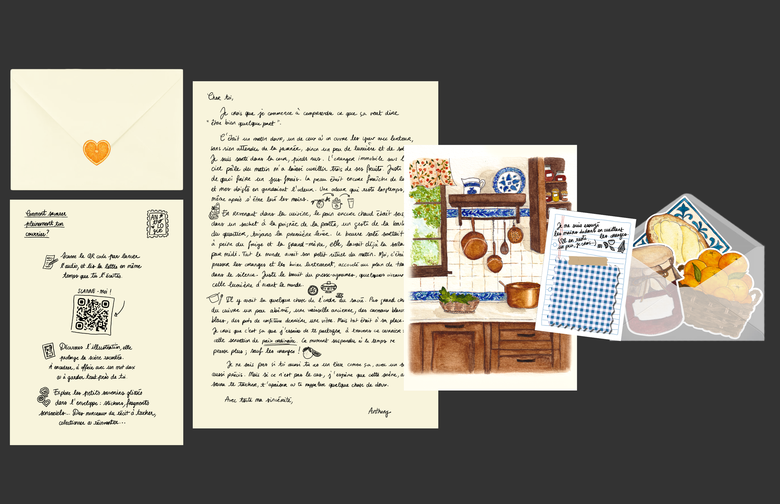 Une collection de lettres, d'illustrations et de photos, notamment une enveloppe avec un cœur en mandarine, un message écrit à la main, des dessins de paquets, un tableau d'une cuisine rustique, et une illustration d'un panier de fruits.