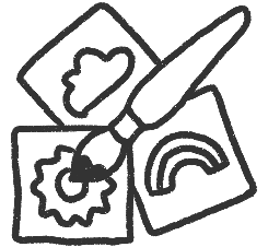 Dessins d'outils artistiques, y compris un pinceau, et des feuilles avec des motifs