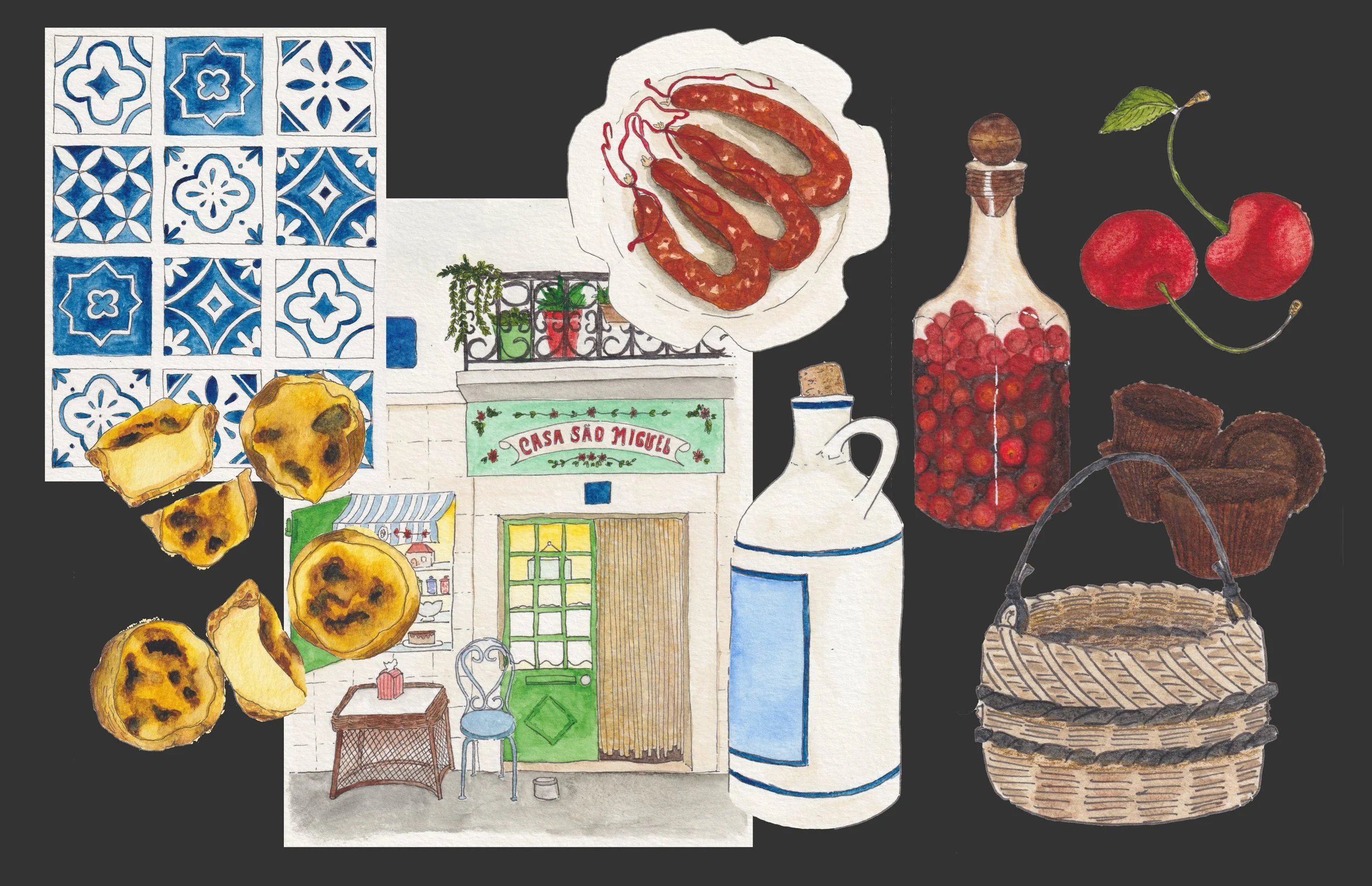 Illustration d'une façade de boutique appelée 'Casa São Miguel' avec une porte verte, une terrasse, et des éléments de cuisine et pâtisserie. Autour, il y a des brochettes de saucisses, des pêches, un panier en osier avec des muffins, une bouteille de cerises, un pot de cerises, des cerises, une moitié de citron, et des carreaux de céramique bleus et blancs.