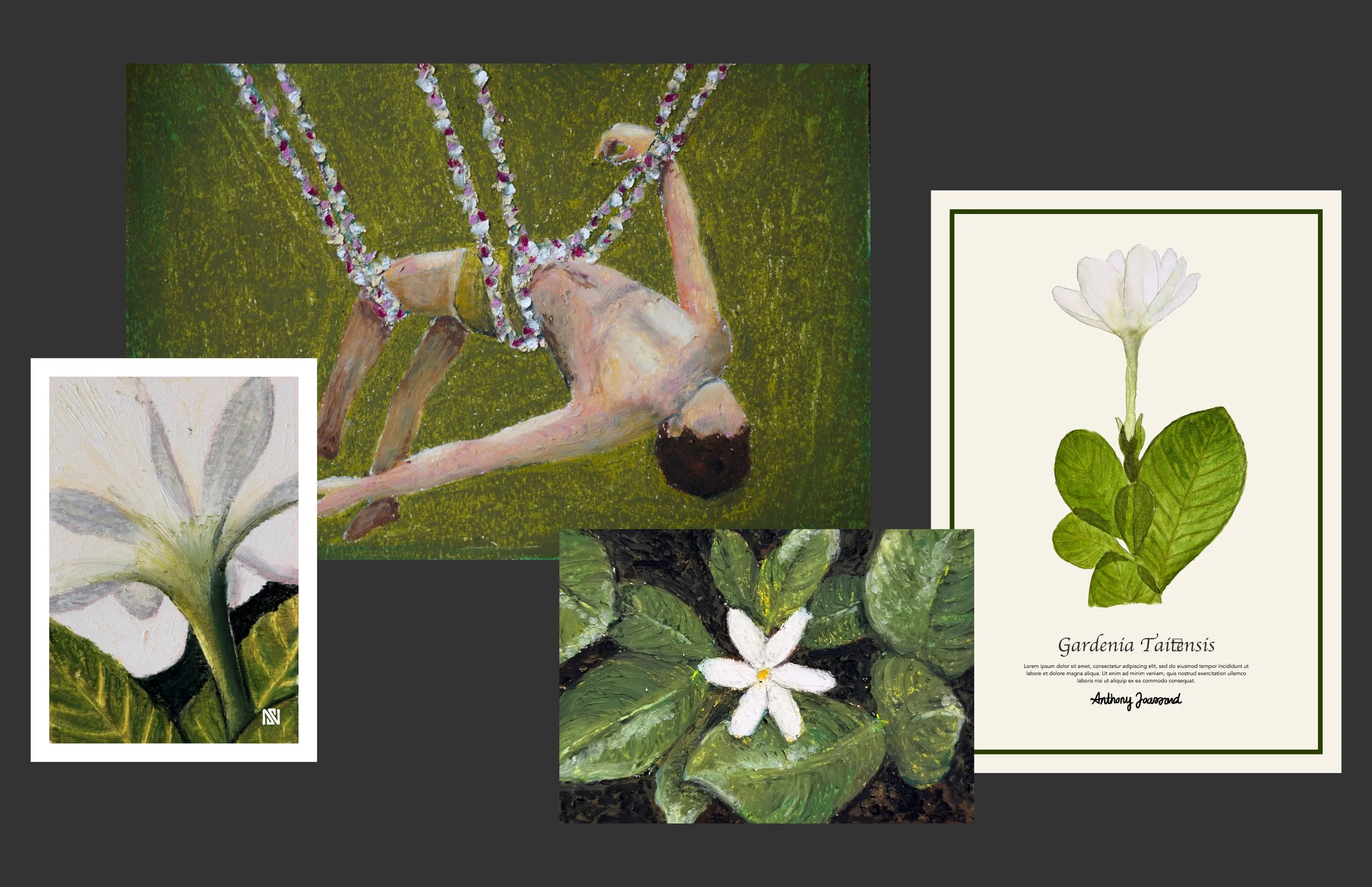 Un tableau avec plusieurs œuvres artistiques de fleurs et une figure humaine, dont une illustration botanique de la Gardenia Taitensis, des peintures de fleurs blanches et des représentations de jeunes femmes entourées de nature.