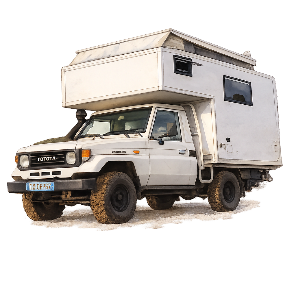 Un véhicule tout-terrain blanc modifié avec une cabine de camping intégrée sur le toit, stationné sur un terrain poussiéreux.