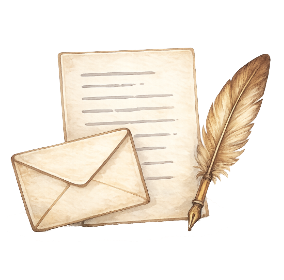 Une lettre écrite, une enveloppe et une plume