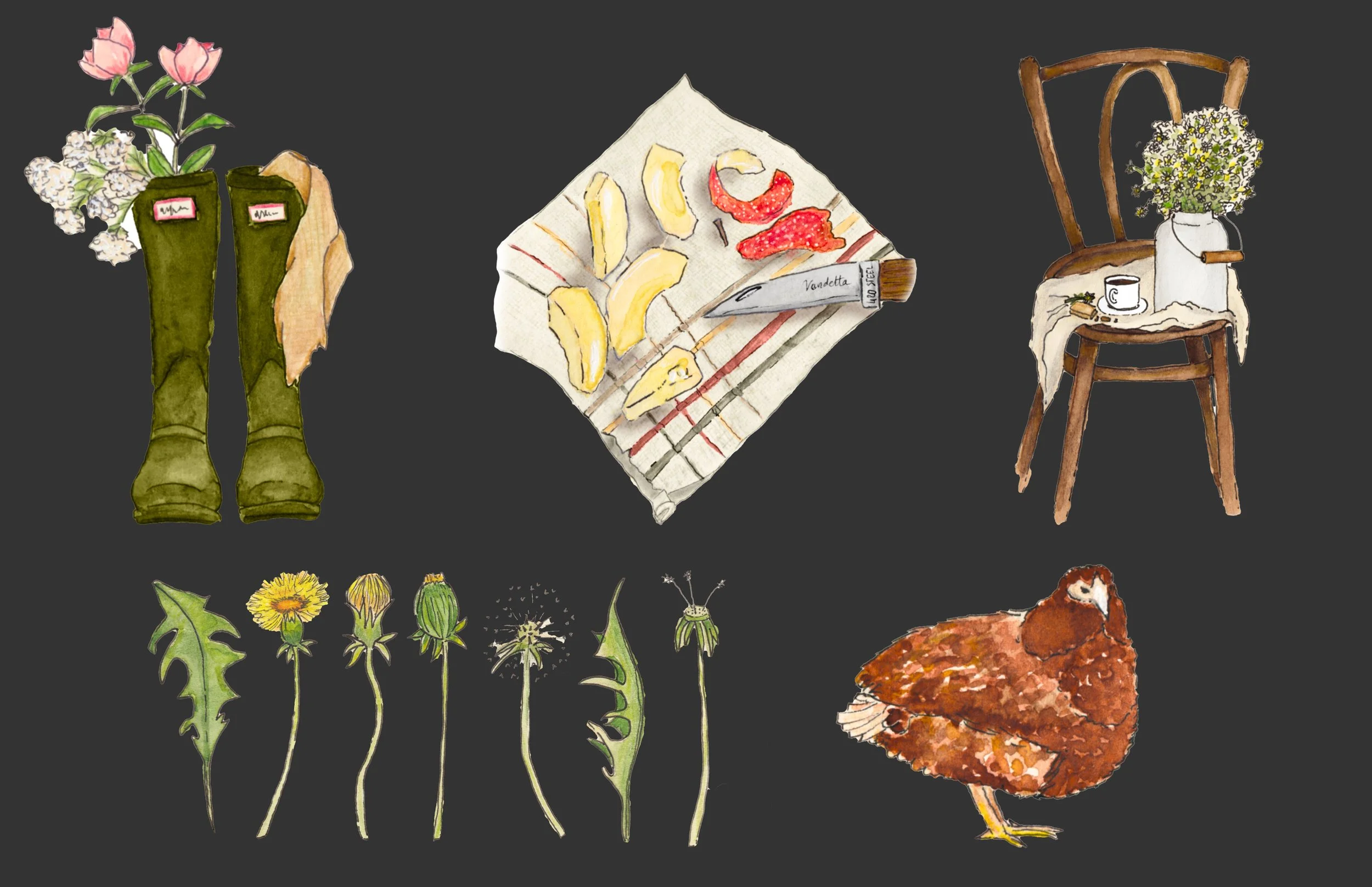 Illustration de fleurs, chaussures de pluie avec des fleurs à l'intérieur, un plateau avec des morceaux de fruits, une chaise en bois avec un vase de fleurs, un poulet en surbrillance.