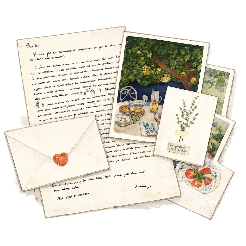 Collection de cartes, lettres, photos et une enveloppe avec un cachet de cire rouge. Une photo montre un repas sous un arbre décoré avec des lumières. Une autre affiche une plante en pot. Un plat de tomates est aussi visible.