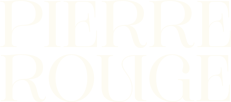 Texte en grand caractères noirs et blancs avec le nom "PIERRE ROUGE" sur un fond noir et blanc
