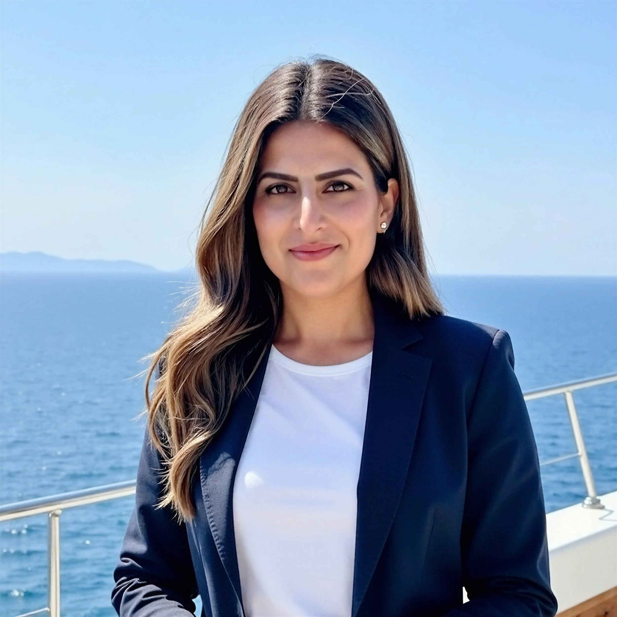 A woman with long brown hair, wearing a black blazer and white shirt, standing on a boat with the ocean and a small island in the background.