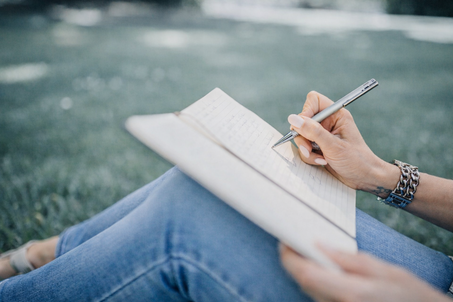 A person sitting outdoors writing in a notebook with a silver pen, wearing a wristwatch and blue jeans, with a grassy background.