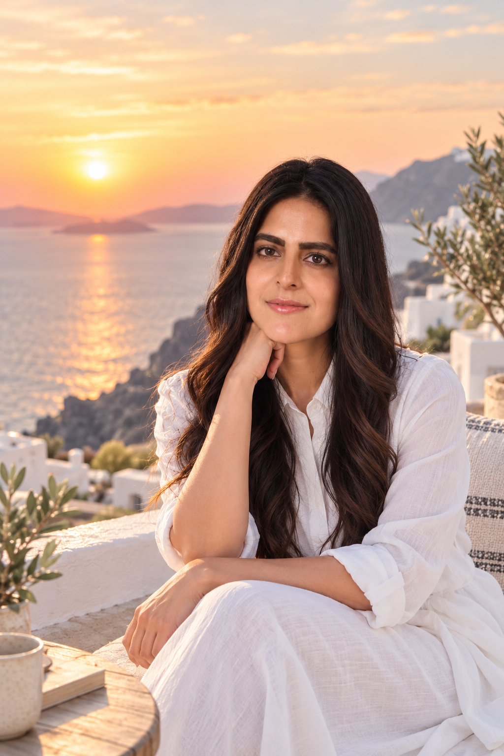 A woman in a white dress sitting outdoors at sunset, with a view of the ocean and mountains in the background.