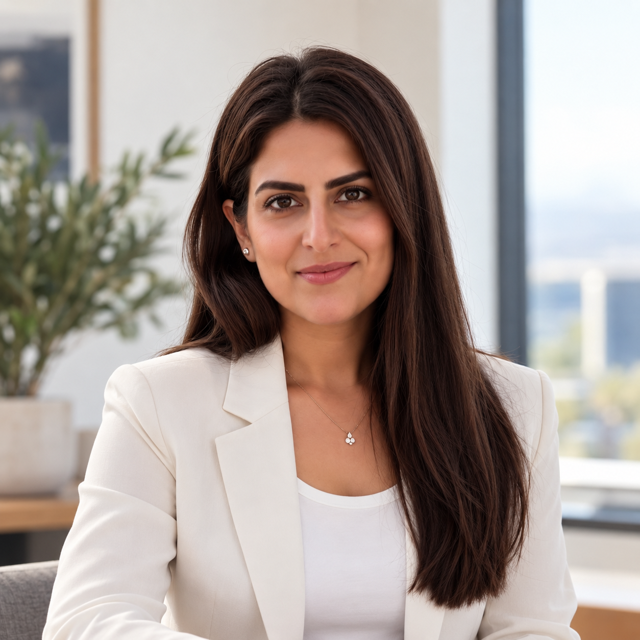 A woman with long brown hair wearing a white blazer and a necklace, sitting in a well-lit office space.