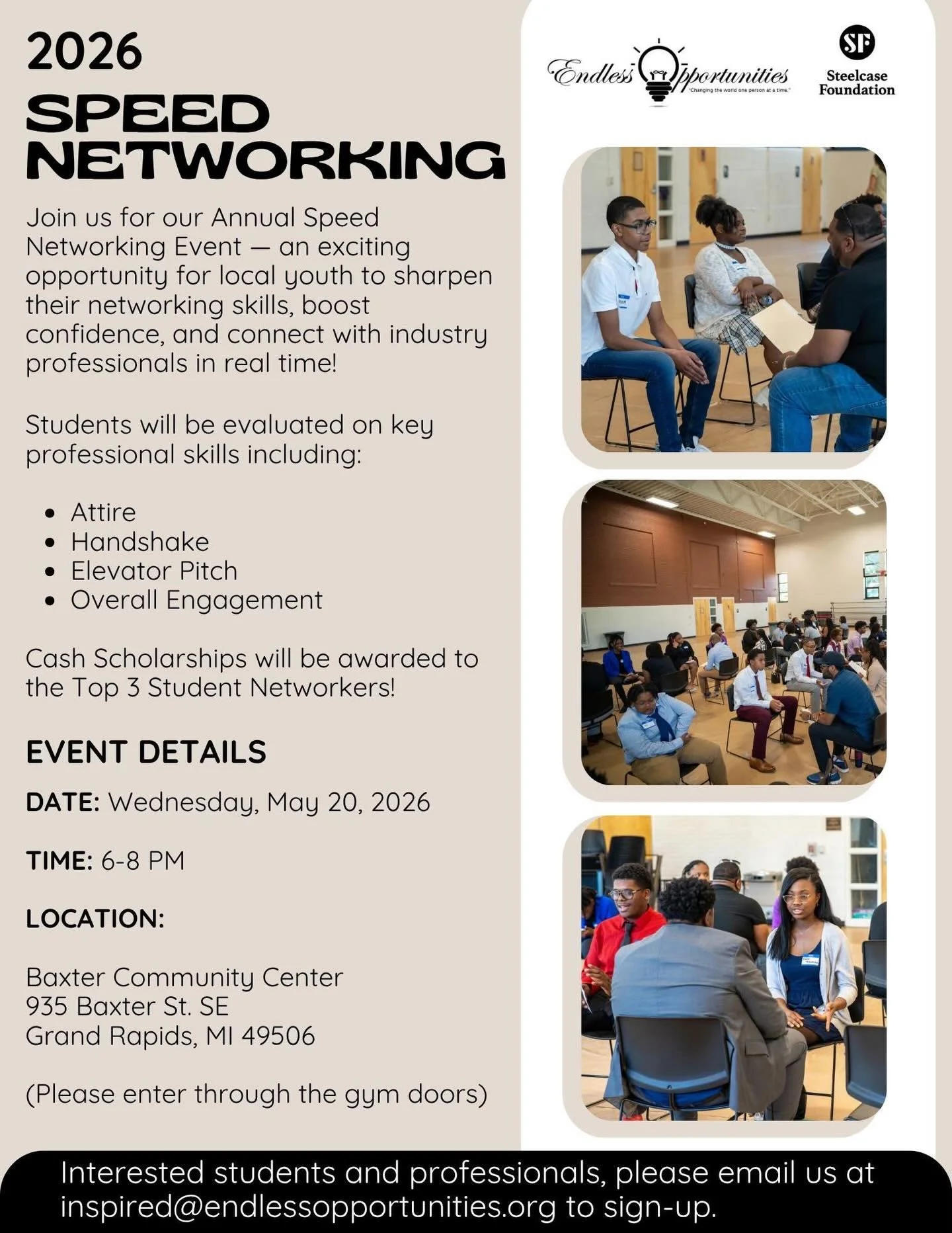 Get ready to level up your networking game at our Annual Student Speed Networking Event!

In just one power-packed hour, students will have the chance to connect with up to 30 local professionals&mdash;practicing real-time networking and sharpening s