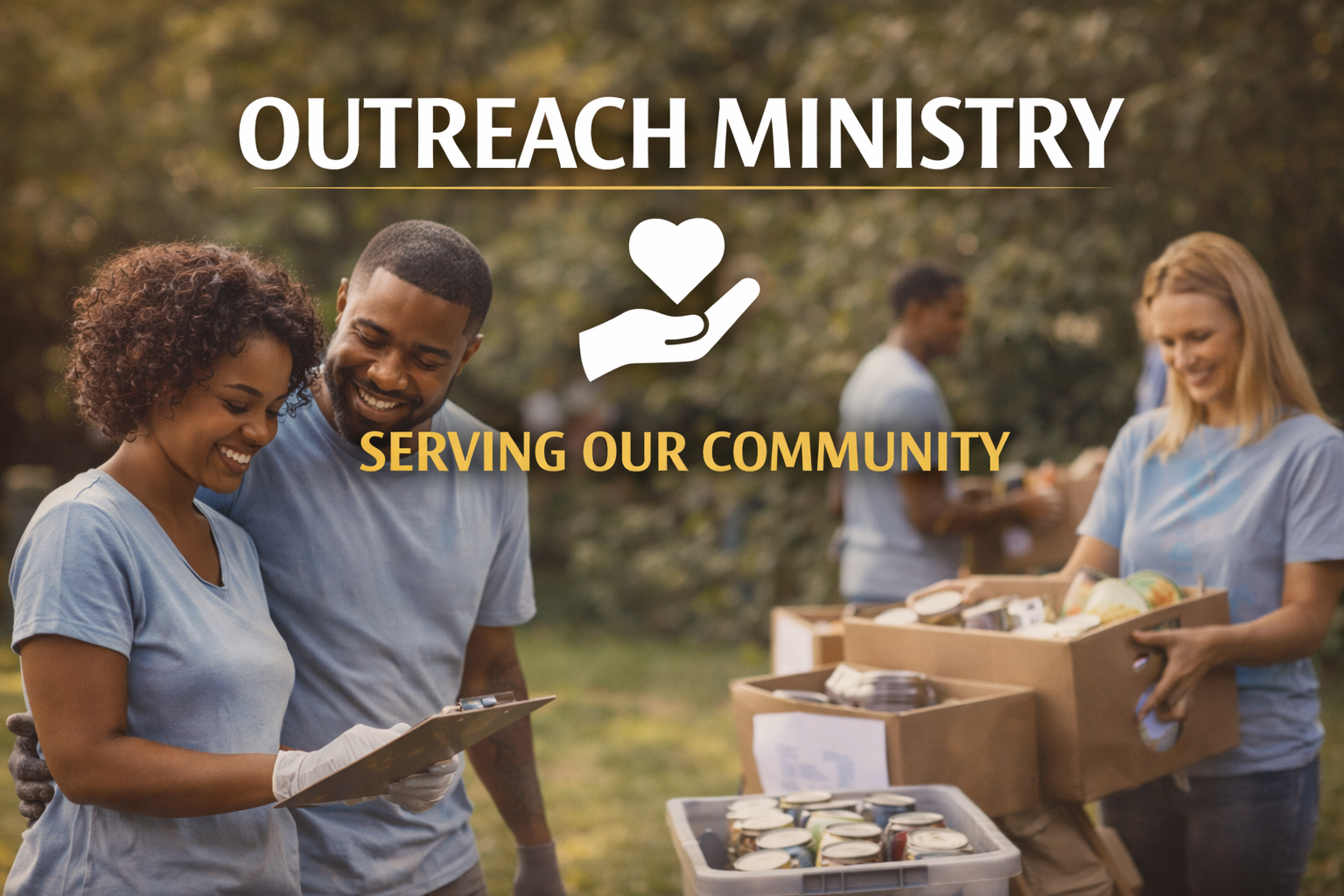 Group of volunteers at an outdoor community service event, wearing matching light blue T-shirts, with tables filled with food and supplies, smiling and interacting.