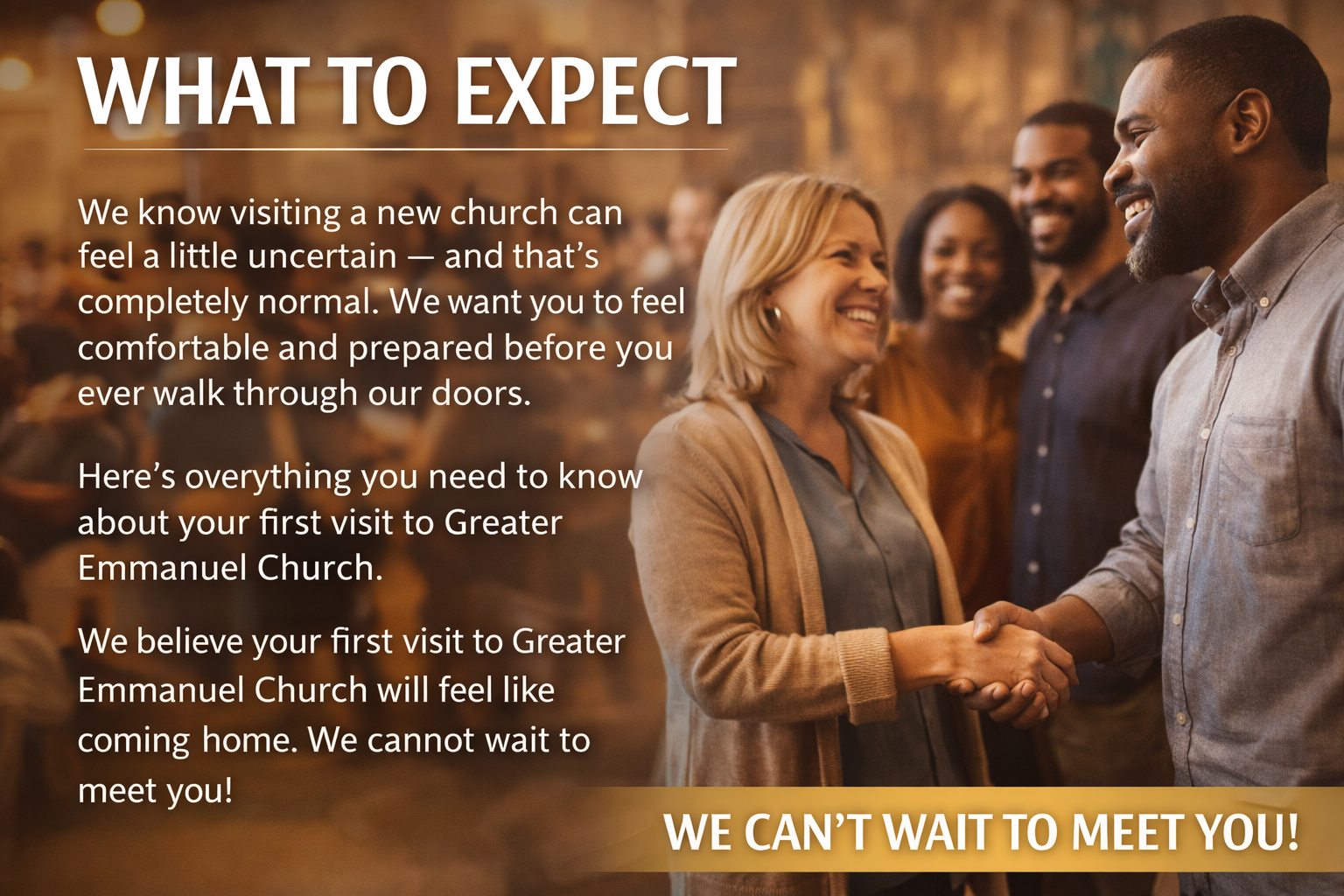 A woman and a man shaking hands and smiling at each other at a church, with other people in the background.