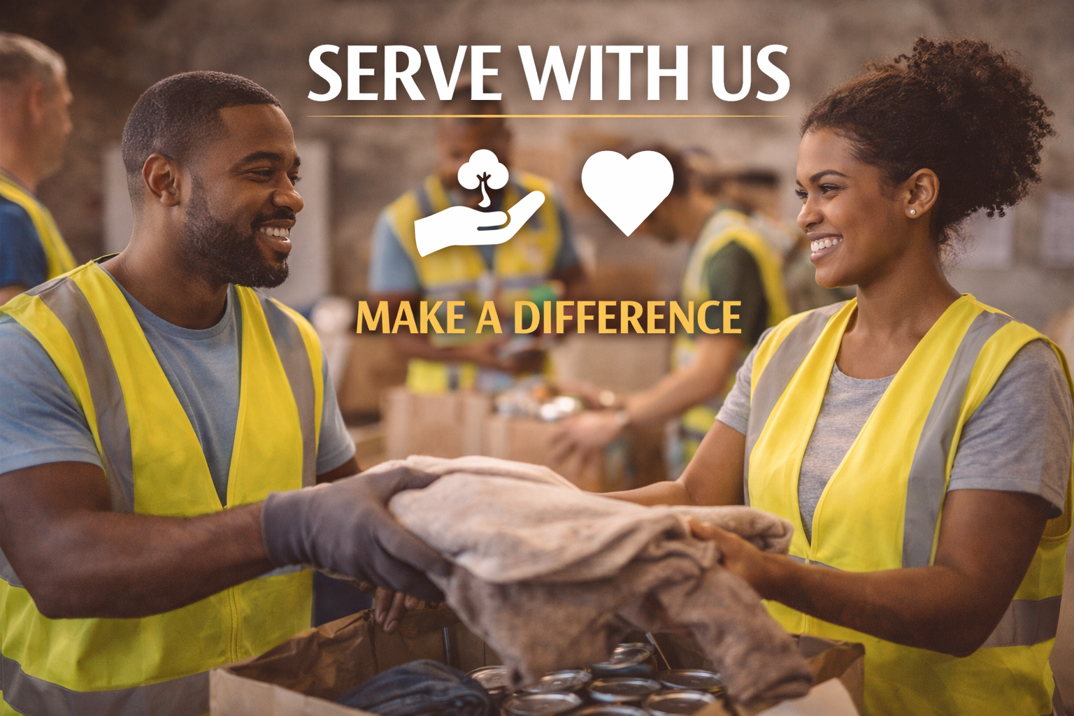 Two volunteers in yellow reflective vests smiling and shaking hands while packing supplies at a charitable organization, with the overlay text 'Serve with us, make a difference' and icons of a hand holding a leaf and a heart.