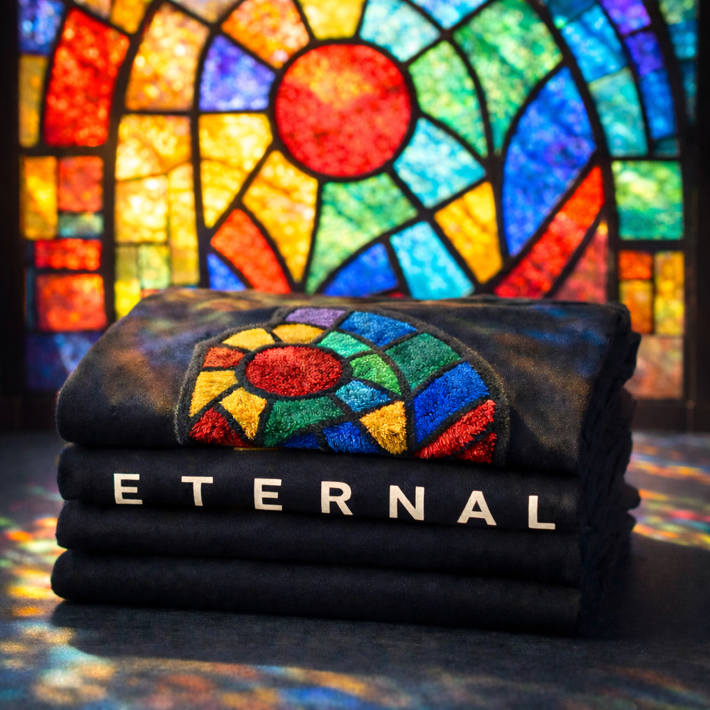 Folded black t-shirt with a colorful circular stained-glass design and the word "ETERNAL" on the strap, placed in front of a vibrant stained-glass window.