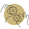 Hands holding an icon of two gears, one large and one small, interconnected.