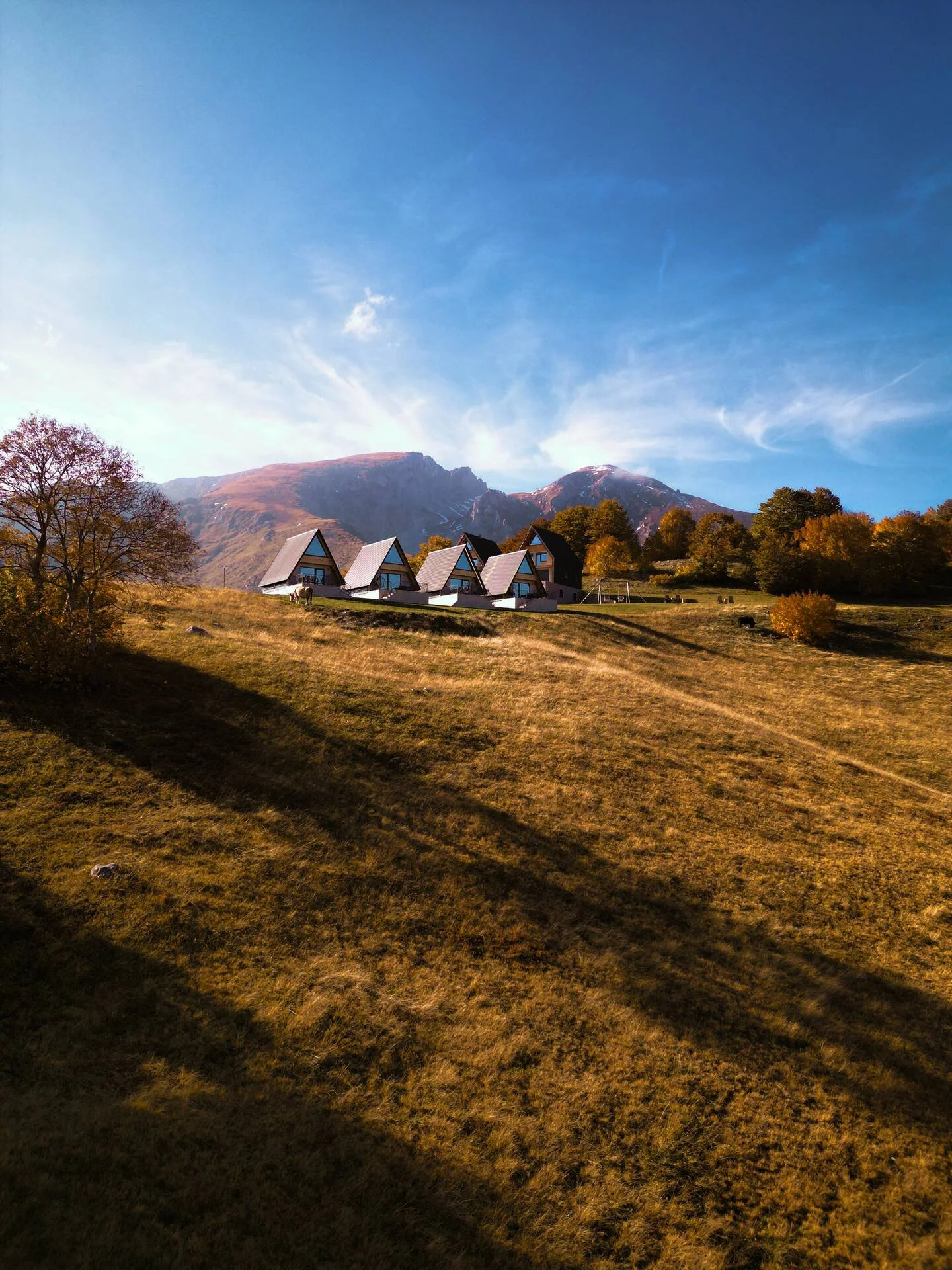 A scenic landscape featuring a grassy hillside with four modern A-frame houses at the base of mountains under a blue sky.