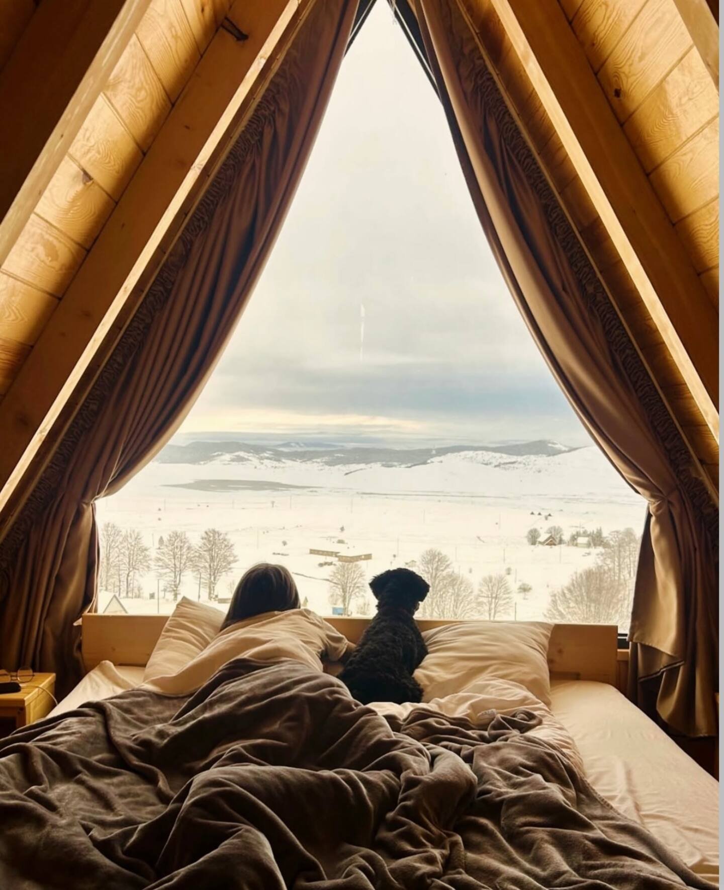 Person and dog lying on bed, looking out at snowy landscape through large triangular window with curtains in a cozy cabin