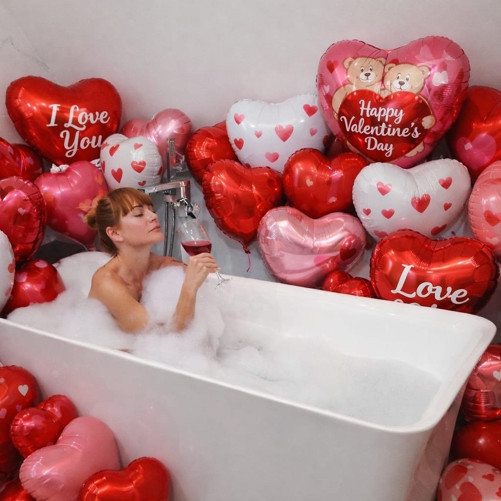 A woman with red hair in a bathtub filled with bubbles, surrounded by red, pink, and white heart-shaped balloons with Valentine's Day messages.