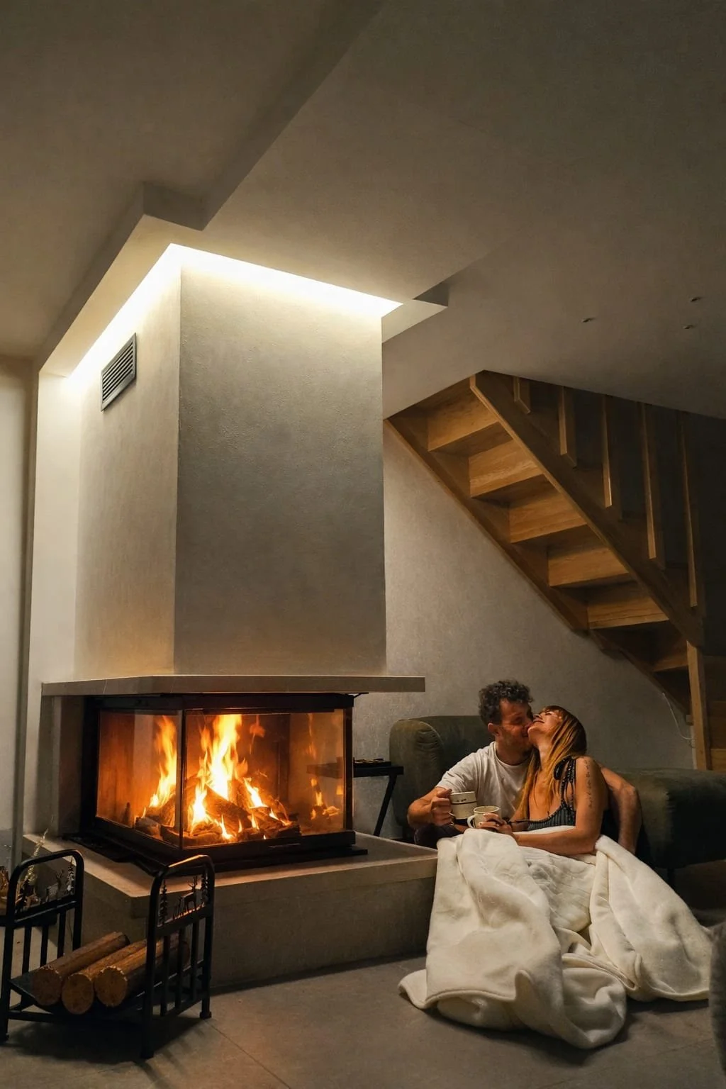 A cozy living room scene with a burning fireplace, a man and woman sharing a kiss while sitting on the floor on a blanket, holding mugs, under a staircase with wooden steps.