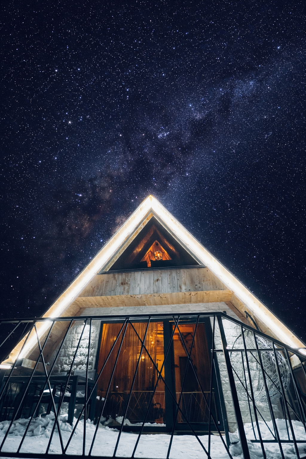 A wooden A-frame cabin illuminated at night, standing under a star-filled sky with the Milky Way visible.