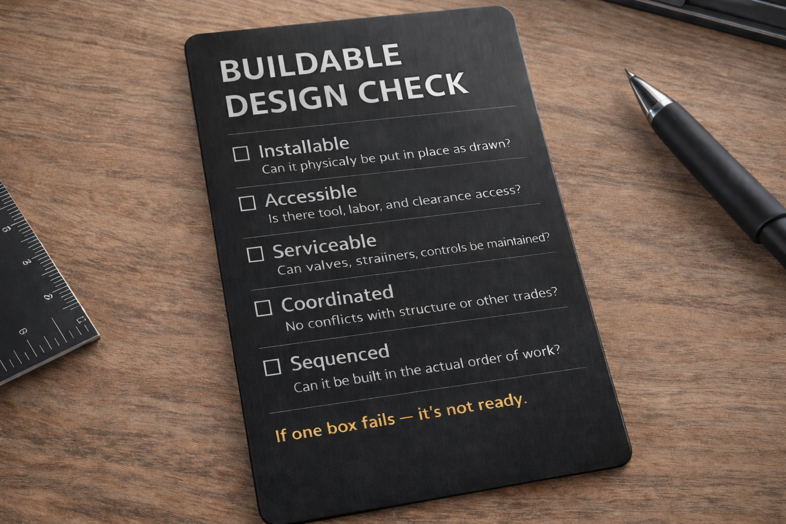 Checklist titled 'Buildable Design Check' with items: Installable, Accessible, Serviceable, Coordinated, Sequenced, with a note at the bottom saying 'If one box fails — it’s not ready.' on a wooden surface next to a pen and ruler.