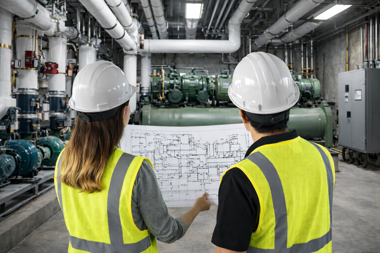 Two engineers wearing safety vests and hard hats examine a technical blueprint in an industrial mechanical room filled with pipes and machinery.