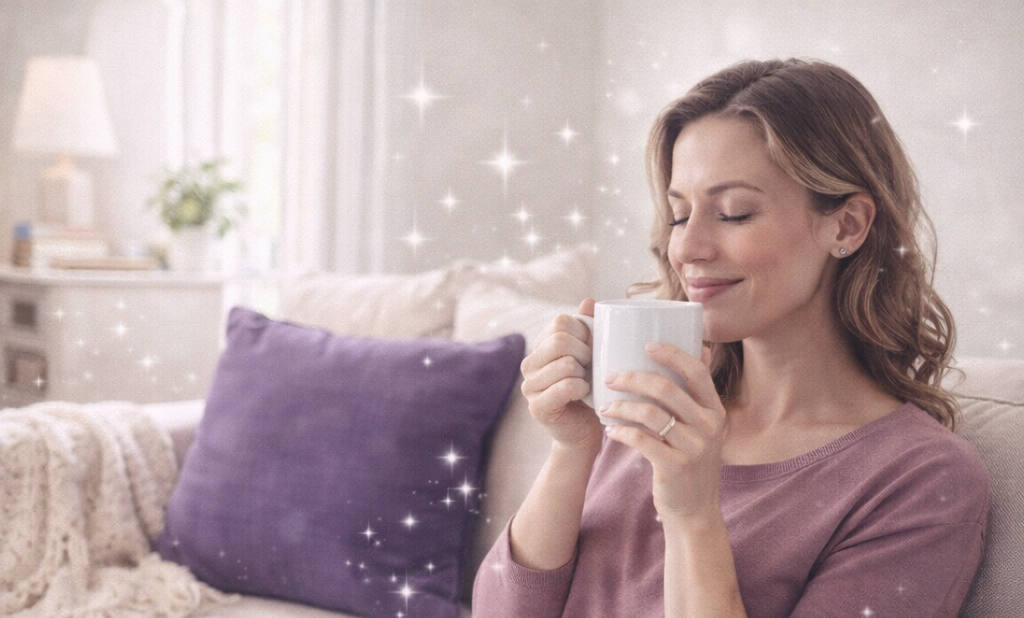 Woman relaxing on a clean sofa with a cup of coffee in a freshly cleaned living room, representing professional home cleaning services by Wipe Out Home Cleaning in the South Carolina Lowcountry.