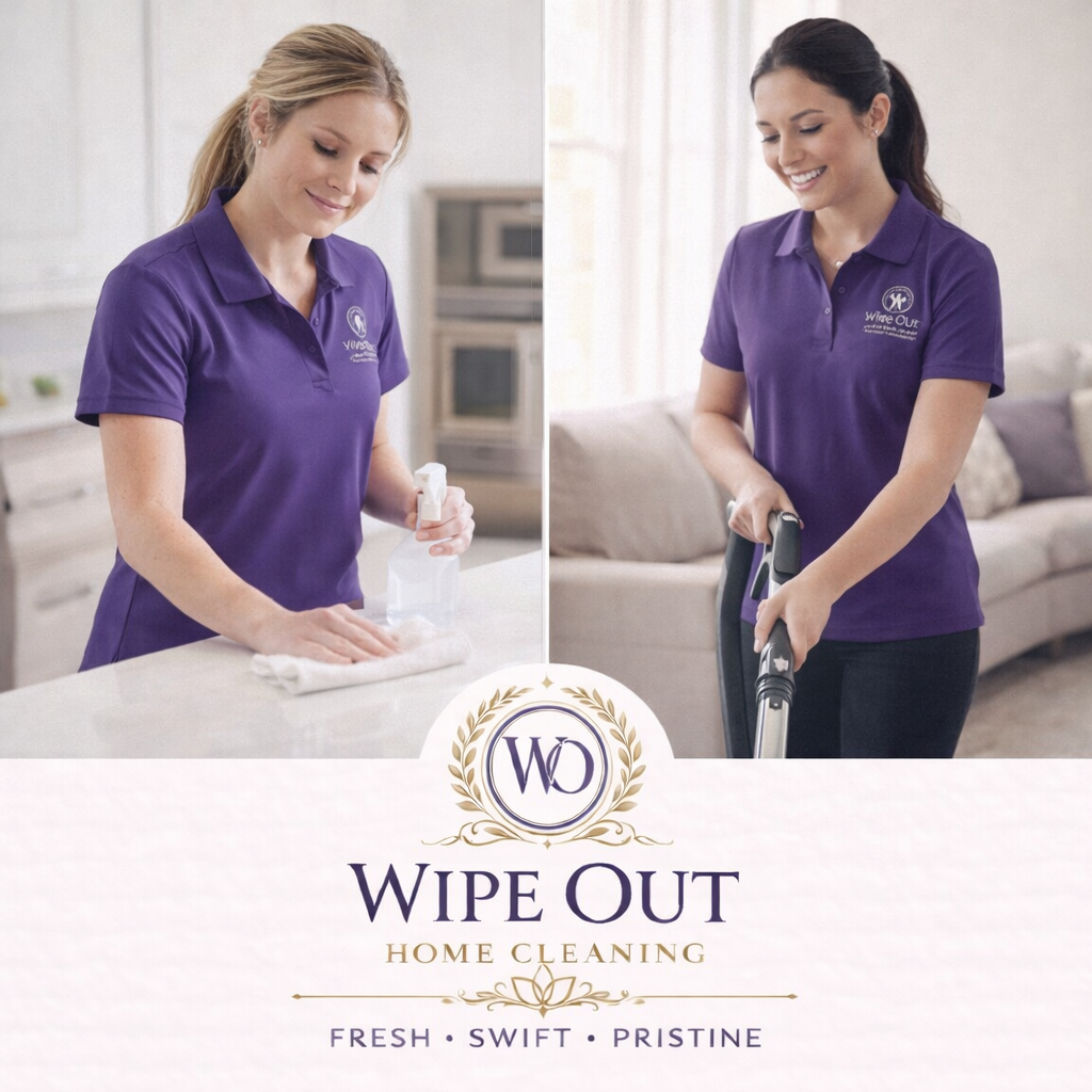 Two professional cleaners from Wipe Out Home Cleaning wearing purple uniforms, performing detailed home cleaning tasks in a bright, well-maintained living space in the South Carolina Lowcountry.