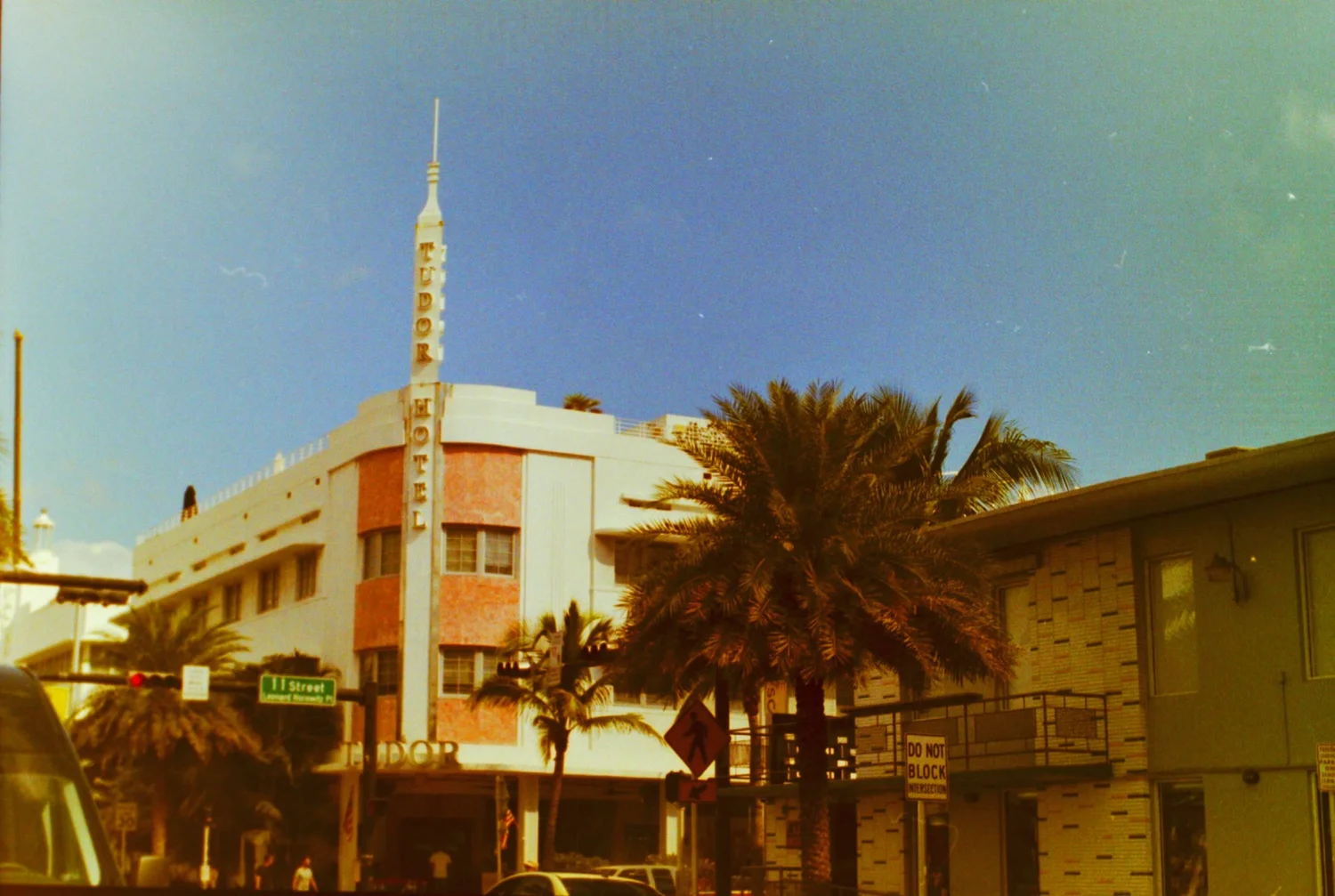 Art Deco Tudor Hotel with palm trees
