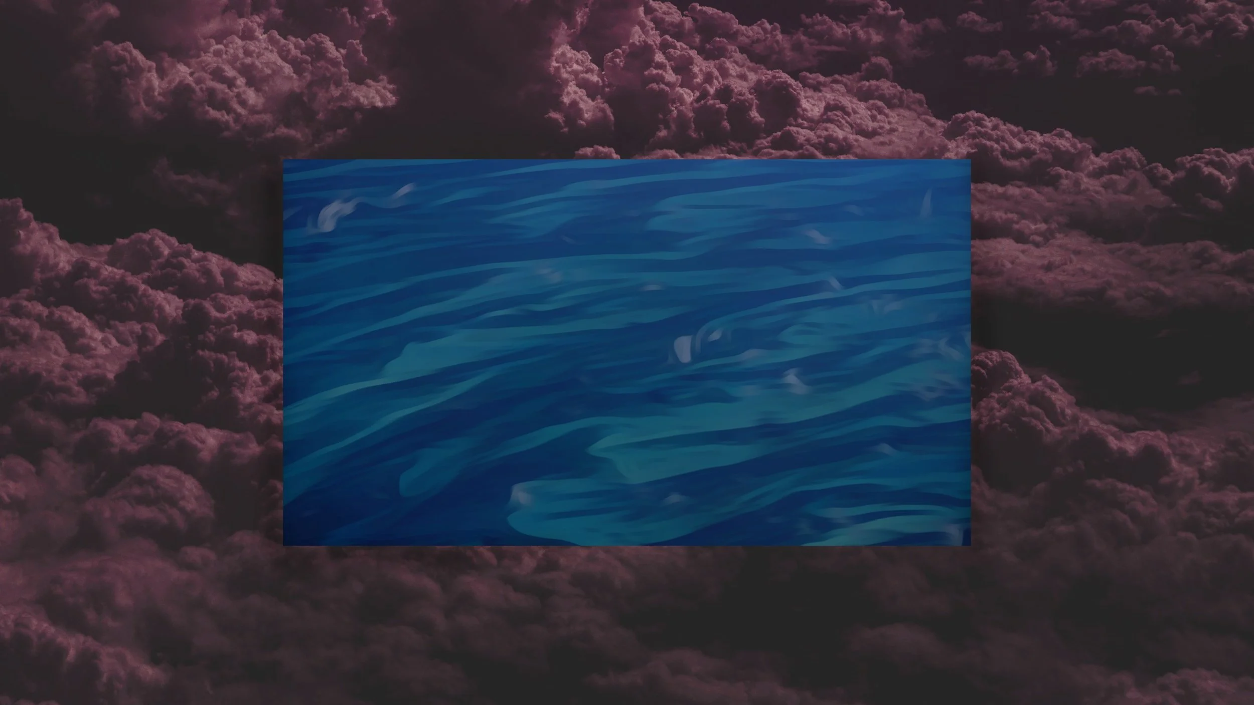 Digital illustration of a blue ocean with flowing waves, set against a dark sky filled with pink and purple clouds