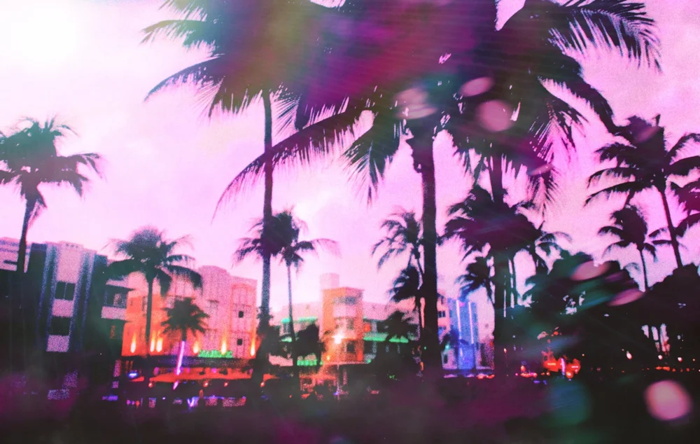 Palm trees and lit Art Deco buildings in pink light with lens flares.