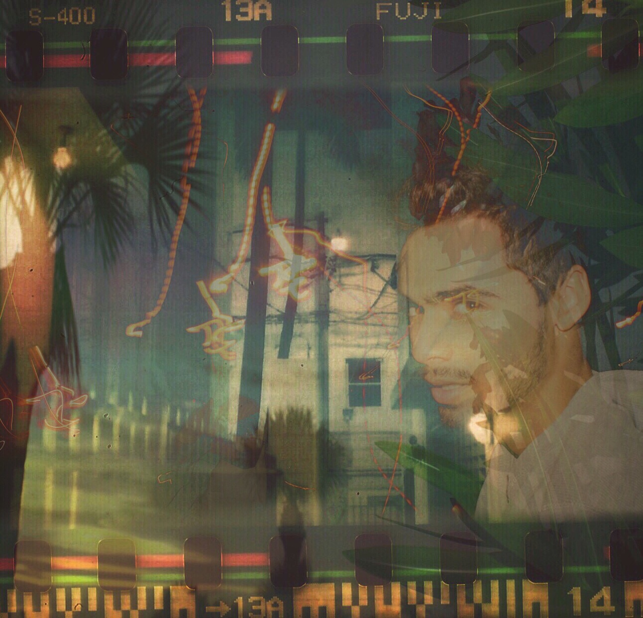 A superimposed image showing a man's profile, palm trees, power lines, and a building, with visible film strip borders.