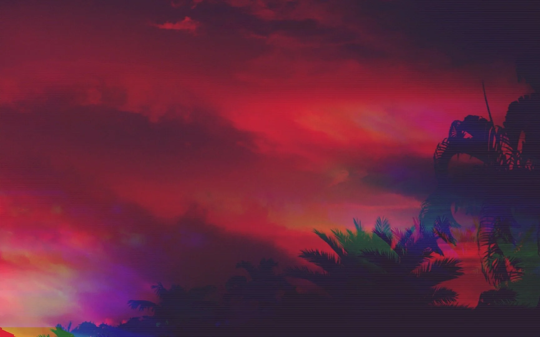 A vibrant sunset sky with shades of red, pink, purple, and orange, silhouetted palm trees and tropical foliage in the foreground.