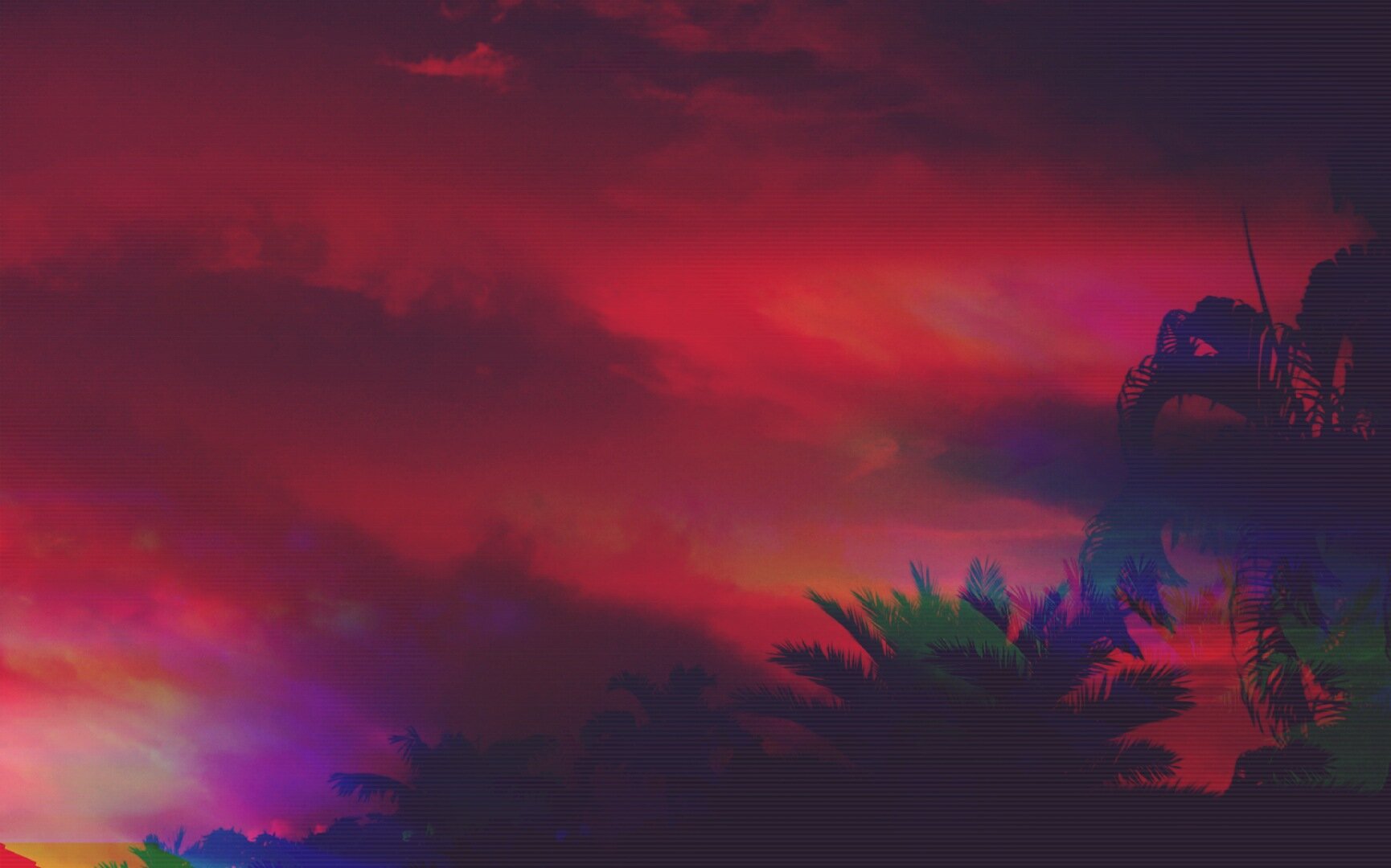 Red and pink sky over silhouetted palm leaves.