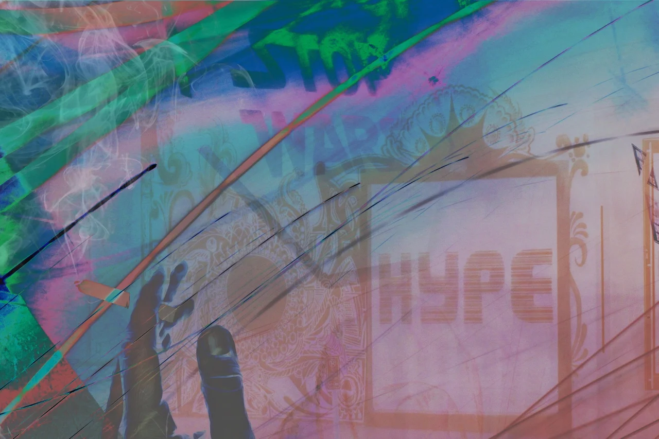 Abstract digital artwork with colorful streaks, a faint hand, and partially visible text and symbols.