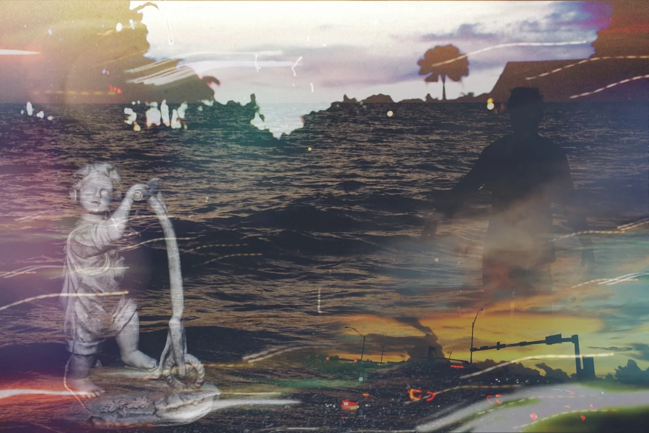 A blended image of a sunset over the ocean with silhouettes of a person and a statue of a child riding a scooter, combined with a busy, car-filled street.