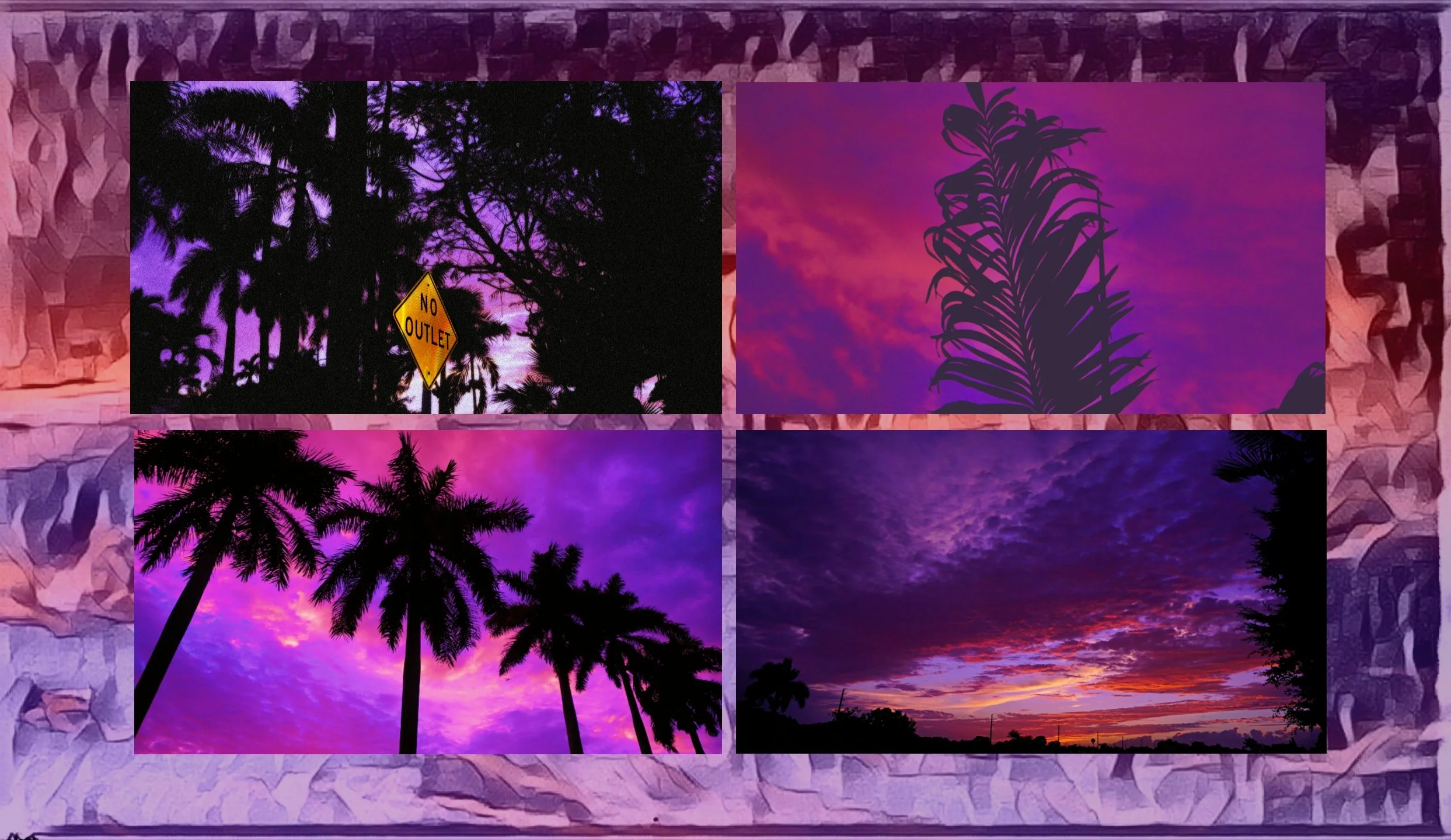 A collage of four photographs showing vibrant sunsets and silhouettes of palm trees. The top left photo features a silhouette of palm trees against a pink and purple sunset sky with a small sign that reads 'No Outlet.' The top right photo shows a sil