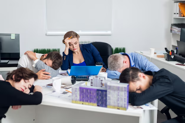 Four office workers asleep at their desks in an office with white walls and shelves.