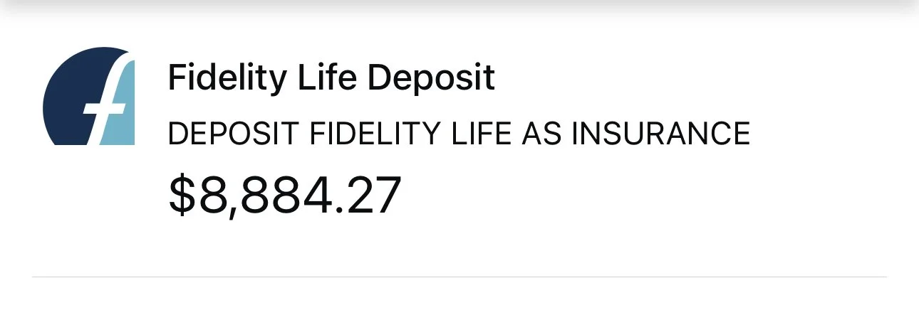 Fidelity Life Deposit account statement showing a balance of $8,884.27 with Fidelity Life Insurance logo and text.