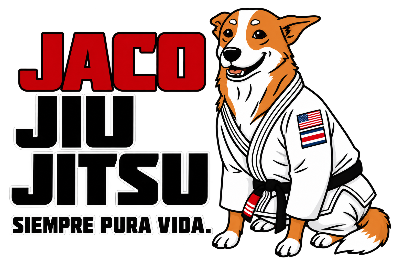 An illustration of a smiling dog wearing a martial arts gi with American and Thai flags on the sleeve, standing next to text that says "JACO JIU JITSU" and "SIEMPRE PURA VIDA."