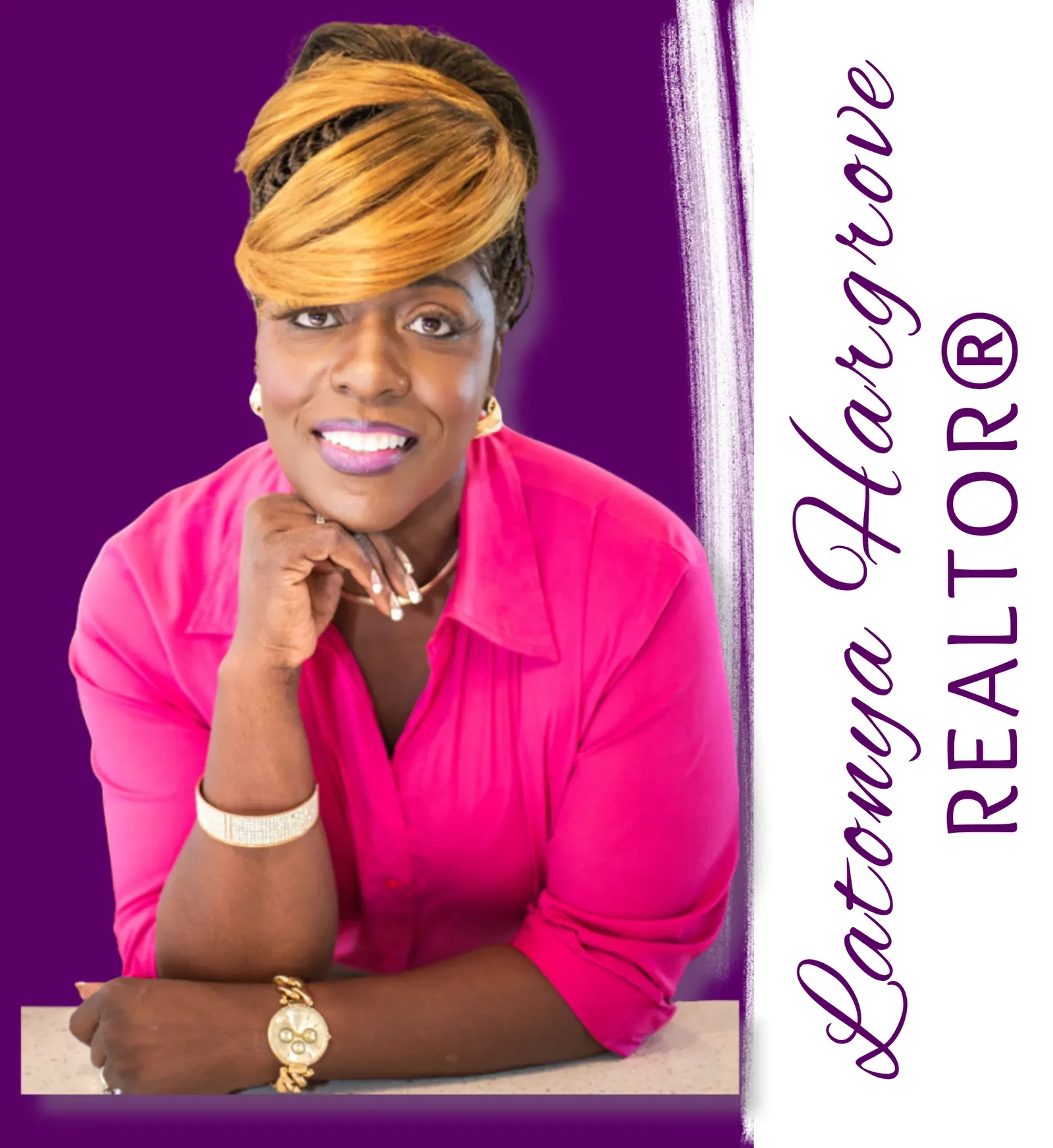 A woman with short ombre hair wearing a pink blouse, smiling, resting her chin on her hand, with purple background and the text 'Latoria Hargrove Realtor' to the side.