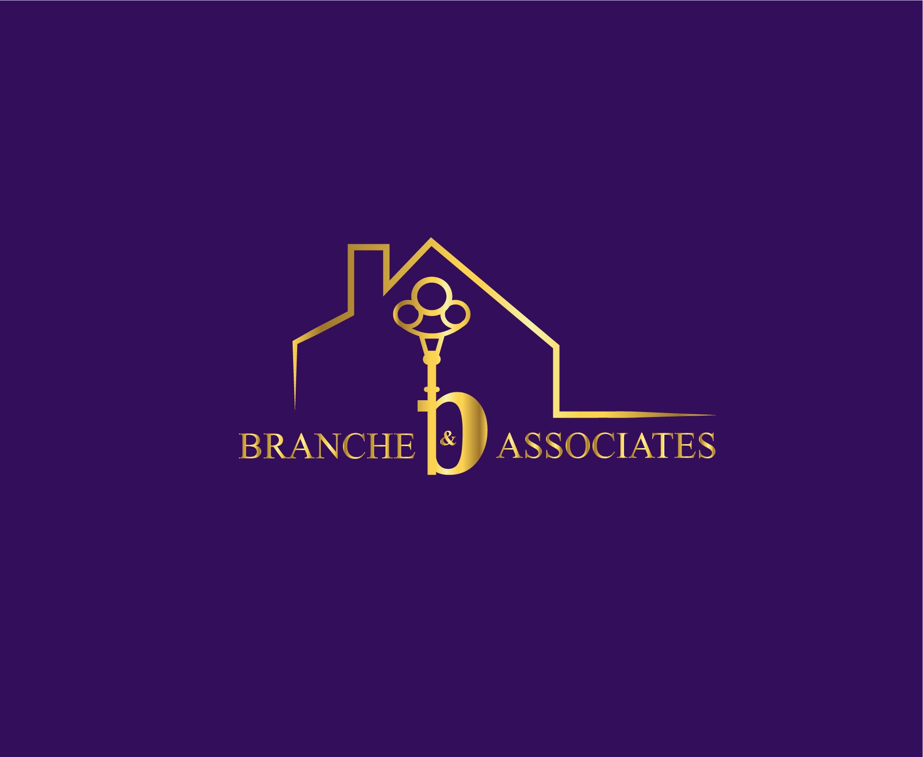 A logo with a gold outline of a house and a key inside it, with the words 'Branche & Associates' in gold below, all on a dark purple background.