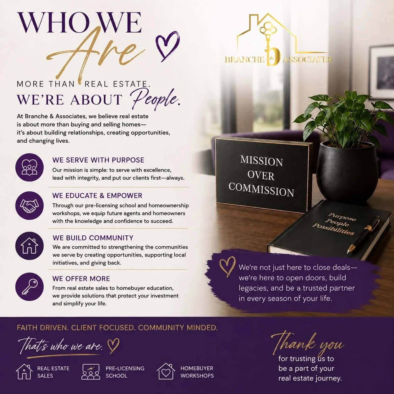 Branche & Associates real estate graphic highlighting mission-driven service, education, community involvement, and a client-focused approach.