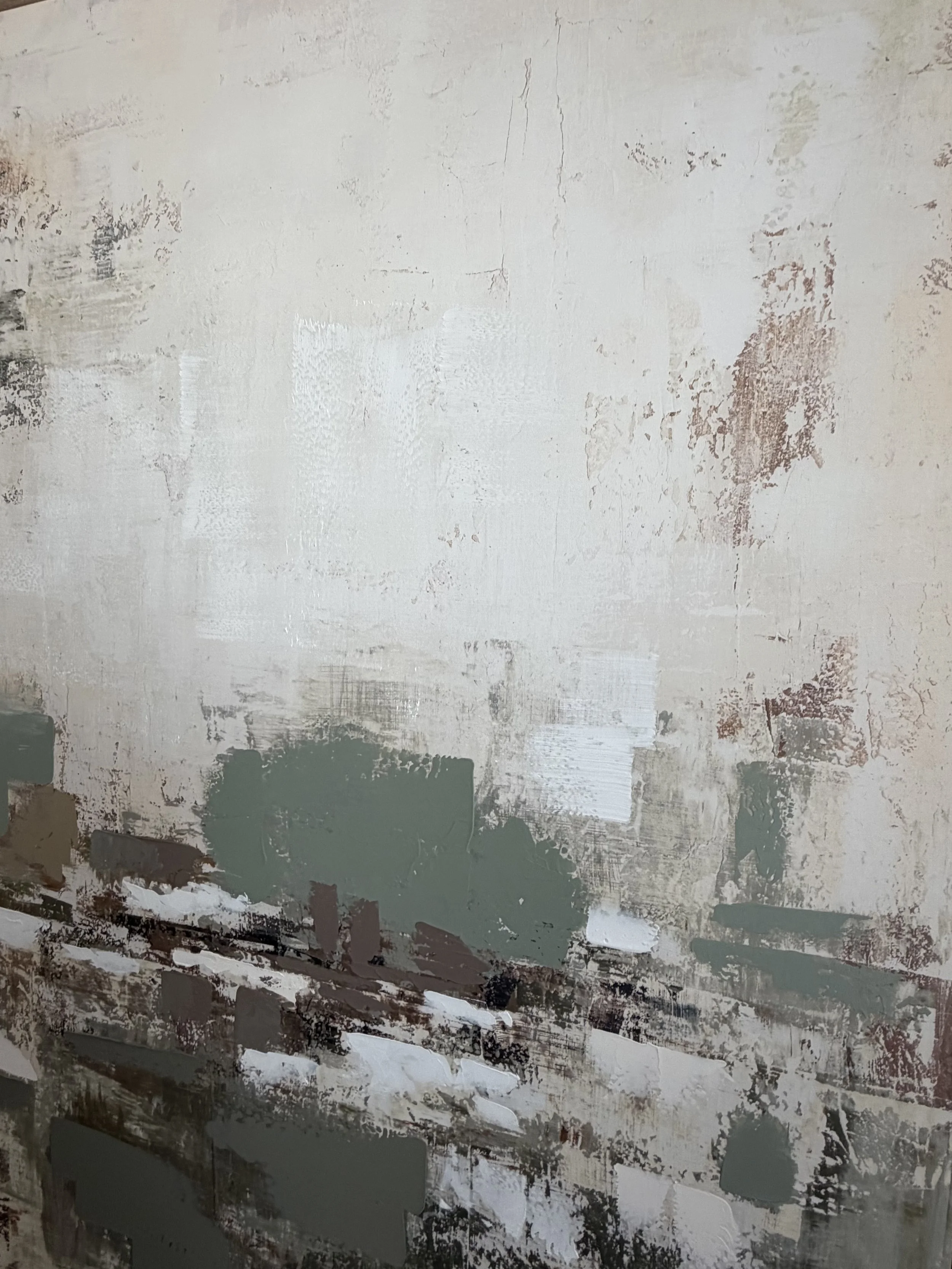 Abstract textured wall with patches of white, beige, gray, and muted green paint.