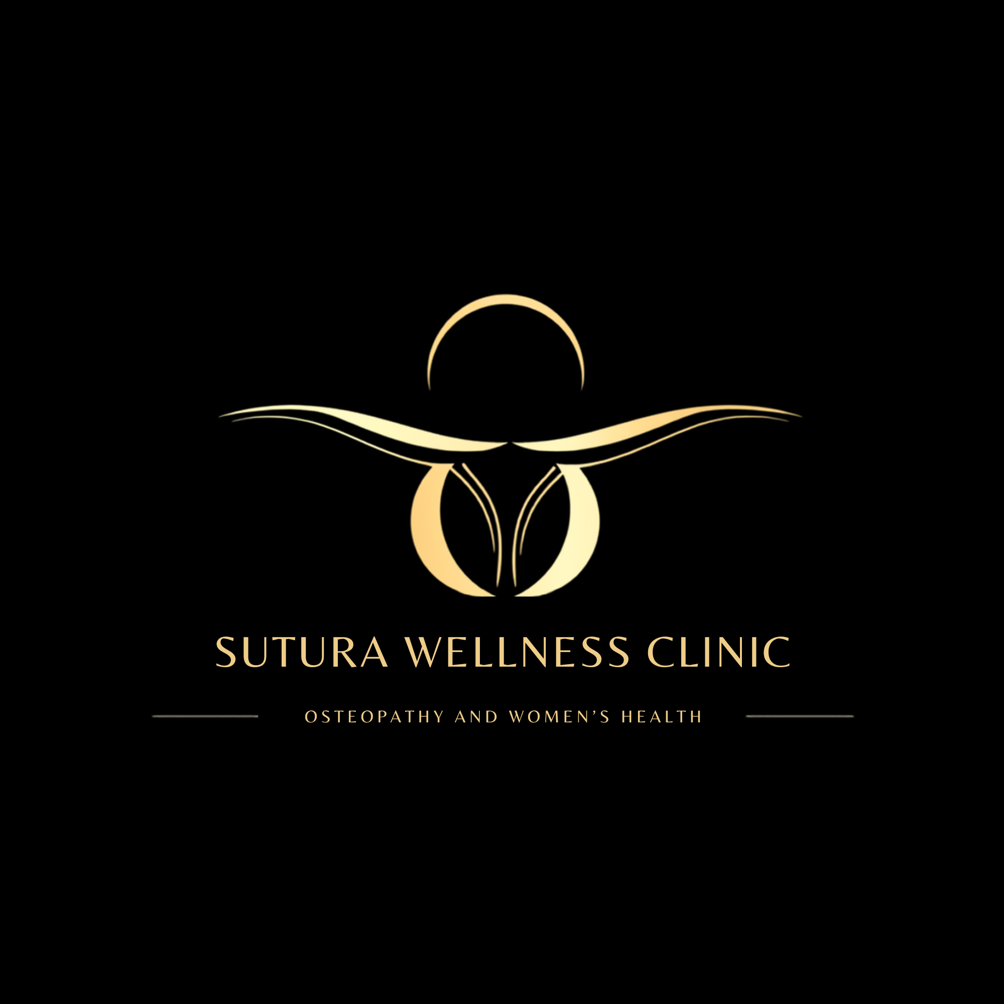 Logo for Sutura Wellness Clinic with a gold and black design, featuring a stylized lotus flower and text indicating osteopathy and women's health.